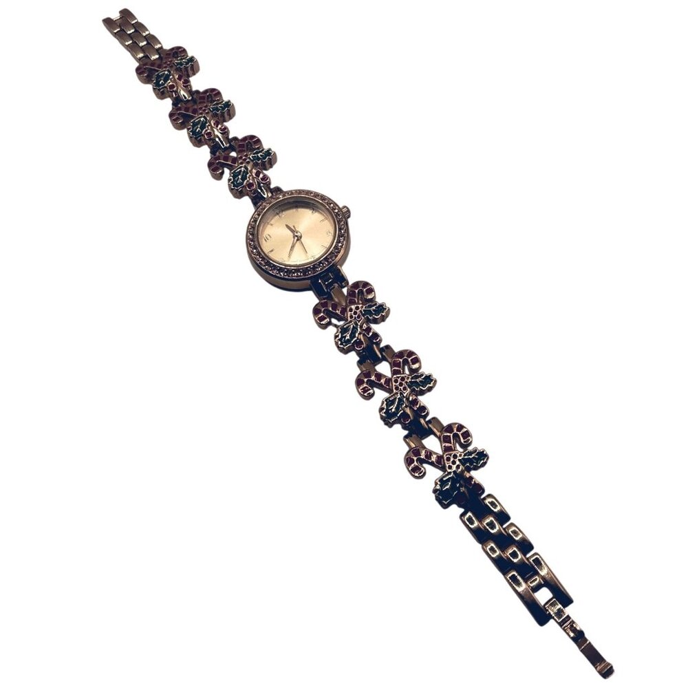 Holiday Charm Bracelet Watch Rhinestone Christmas  Candy Cane Analog